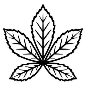 May include: A black and white illustration of a five-lobed leaf. The leaf's edges are jagged, and the veins are clearly defined. The design is simple and graphic, suitable for various applications.