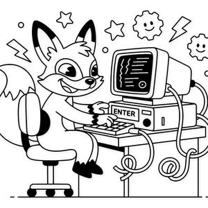 Könnte beinhalten: Schwarz-weiße Cartoon-Illustration eines Fuchses, der an einem Schreibtisch sitzt und einen alten Computer benutzt. Der Computer hat einen Bildschirm mit Code, und die Tastatur hat eine "ENTER"-Taste. Der Fuchs lächelt, umgeben von Sternen, Zahnrädern und Blitzen.