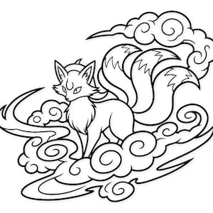May include: A black and white illustration of a nine-tailed fox standing on stylized clouds. The fox has a detailed face and fluffy fur, with its tails fanned out behind it. The clouds have swirling patterns.