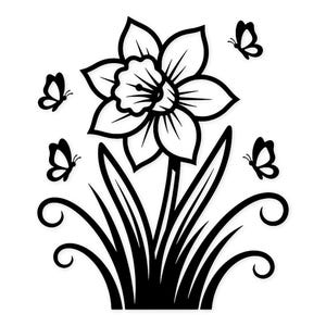 May include: Black and white illustration of a daffodil with three butterflies. The flower has detailed petals and a central cup, with long, slender leaves and decorative swirls at the base. The butterflies are in flight.
