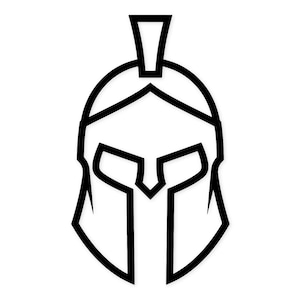 Puede incluir: Un dibujo lineal en blanco y negro de un casco espartano. El casco presenta una cresta y aberturas para los ojos y la boca. El diseño es un contorno simple y audaz, perfecto para pegatinas, calcomanías o diseños gráficos.