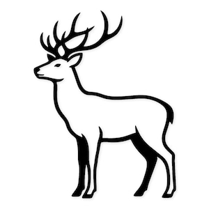 Può includere: Illustrazione in bianco e nero di un cervo di profilo. Il cervo ha grandi corna e sta in piedi con la testa alta. L'immagine è un design grafico semplice, adatto a varie applicazioni.