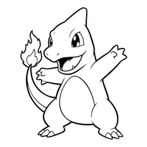 Puede incluir: Ilustración en blanco y negro de un personaje de dibujos animados con una llama en la cola. El personaje tiene una cara sonriente, la boca abierta y los brazos extendidos. La imagen es un dibujo lineal.
