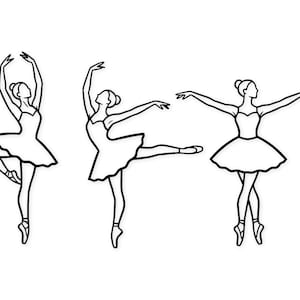 May include: Three black and white line drawings of ballerinas in dance poses. Each ballerina is wearing a tutu and pointe shoes. The ballerinas are in different positions, with arms raised or extended.