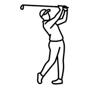 Puede incluir: Ilustración en blanco y negro de un golfista en pleno swing. La figura lleva una gorra y sostiene un palo de golf. La imagen, sobre un fondo blanco, resalta la acción y la postura del golfista.
