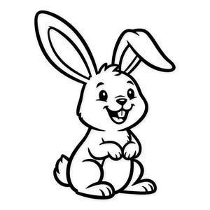 Może przedstawiać: Czarno-biała ilustracja kreskówkowa uśmiechniętego królika. Królik jest przedstawiony w pozycji siedzącej ze złączonymi przednimi łapami. Ma duże uszy, puszysty ogon i wesoły wyraz twarzy. Obraz nadaje się do produktów dla dzieci.