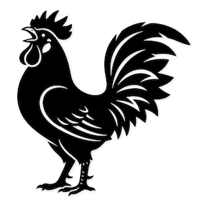 May include: A black rooster silhouette with a detailed comb, wattle, and tail feathers. The rooster is depicted in a side profile, with its beak open as if crowing. The design is a bold, graphic representation.