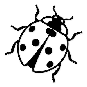 May include: A black and white illustration of a ladybug. The ladybug has a white body with black spots and a black head and legs. The ladybug is facing upwards.