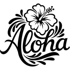 Może przedstawiać: Czarno-biała grafika z napisem "Aloha" w kursywie, z kwiatem hibiskusa u góry. Projekt zawiera ozdobne wiry i zdobienia, przywołujące tropikalny motyw.