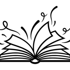 May include: A black and white illustration of an open book with pages spread. Curved lines and swirls emanate from the book, suggesting movement and ideas. The image is a simple graphic representation of reading and knowledge.