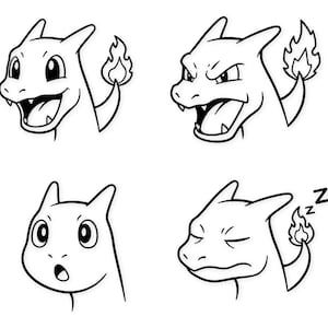May include: Black and white line art of a cartoon creature with four different facial expressions. The creature has a flame on its tail. The expressions include happy, angry, surprised, and sleepy.