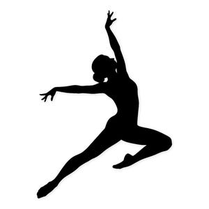 May include: A black silhouette of a dancer in mid-air, arms and legs extended. The dancer's hair is styled in a bun. The image is set against a plain white background, emphasising the dancer's graceful pose.