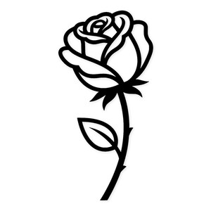May include: A black and white line drawing of a rose in full bloom. The rose has detailed petals and is attached to a stem with a single leaf. The image is set against a plain white background.