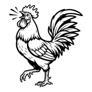 Puede incluir: Ilustración en blanco y negro de un gallo cantando. El gallo está representado de forma detallada y estilizada, con el pico abierto y ondas sonoras que emanan de él. El gallo camina con una pata levantada.