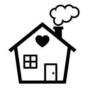 May include: A black and white illustration of a house with a heart-shaped window and smoke billowing from the chimney. The house has a door and a square window with four panes.