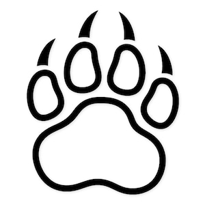 May include: A black and white graphic of a bear paw print. The paw print has five toes and sharp claws. The design is simple and bold, suitable for various applications.