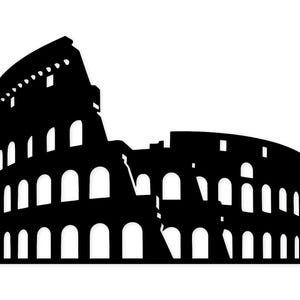 Può includere: Silhouette in bianco e nero del Colosseo, un antico anfiteatro romano. L'immagine mostra gli archi e i dettagli architettonici dell'iconica struttura su sfondo bianco. La silhouette è una semplice rappresentazione grafica.