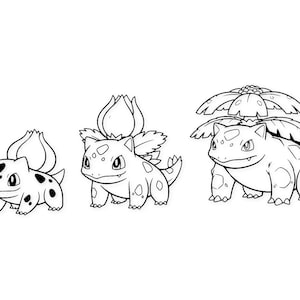 May include: Line art illustration of three stages of a Bulbasaur evolution. The first stage is a small, quadrupedal creature with a bulb on its back. The second stage has a larger bulb. The final stage is a large, plant-like creature.