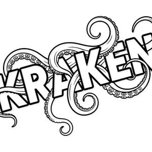 Puede incluir: Gráfico en blanco y negro de la palabra "KRAKEN" con tentáculos estilizados. La palabra está en letras en negrita y delineadas, y los tentáculos se enrollan alrededor y a través de las letras, creando un diseño dinámico.
