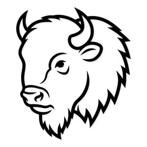 May include: A black and white illustration of a bison's head, facing left. The bison features curved horns, a shaggy mane, and detailed facial features. The design is simple and clean.