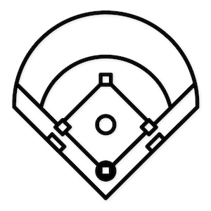 Puede incluir: Un dibujo lineal en blanco y negro de un campo de béisbol, visto desde arriba. La imagen muestra el contorno del cuadro interior, el montículo del lanzador y el arco del campo exterior. Las bases y el montículo del lanzador están marcados con círculos y cuadrados.