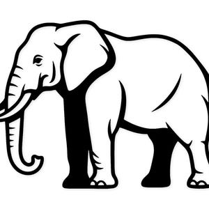 May include: A black and white illustration of an elephant in profile. The elephant has large ears, tusks, and a trunk. The image is a simple, graphic design, with the elephant's form outlined in black against a white background.