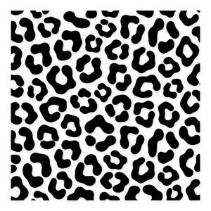 May include: A repeating pattern of black leopard spots on a white background. The spots vary in size and shape, creating a bold and eye-catching design. This pattern is often used in fashion and home decor.