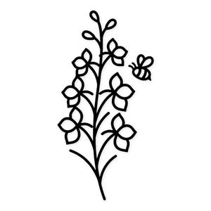 Könnte beinhalten: Schwarz-Weiß-Illustration eines Blumenstiels mit mehreren offenen Blüten und einer kleinen Biene. Das florale Design ist schlicht und elegant, ideal für Aufkleber, Tätowierungen oder andere Bastelarbeiten.