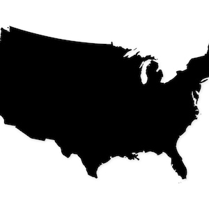 May include: A black silhouette of the United States of America against a white background. The map shows the contiguous states, with detailed coastlines and internal features like the Great Lakes.
