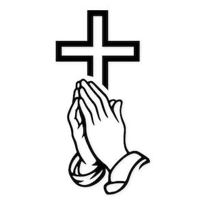 Può includere: Illustrazione in bianco e nero di mani in preghiera sotto una croce cristiana. Le mani sono giunte in un gesto di preghiera, con la croce posizionata sopra. L'immagine è una semplice rappresentazione grafica.