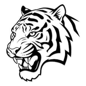 May include: A black and white illustration of a tiger's head, showcasing a fierce expression. The tiger is depicted with its mouth open, revealing sharp teeth, and its eyes are focused. The image is a bold graphic design.