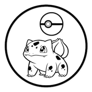 Könnte beinhalten: Schwarz-Weiß-Illustration von Bulbasaur, einem Pokémon-Charakter, in einem weißen Kreis mit schwarzem Rand. Über Bulbasaur befindet sich ein Pokéball. Das Design ist schlicht und grafisch, geeignet für verschiedene Anwendungen.