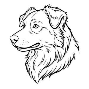 May include: A monochrome line drawing of a dog's head in profile. The dog has a fluffy mane and detailed facial features, including a visible eye, nose, and mouth. The artwork is a simple, yet elegant illustration.