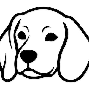 May include: A black and white line drawing of a dog's face. The dog has large, floppy ears, a black nose, and black eyes. The image is a simple, clean design, perfect for stickers, decals, or other crafts.