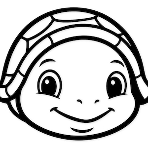 Può includere: Illustrazione a fumetti in bianco e nero di una faccia di tartaruga sorridente. La tartaruga ha grandi occhi rotondi, un naso piccolo e una bocca curva. Il guscio della tartaruga è visibile sulla parte superiore della testa.