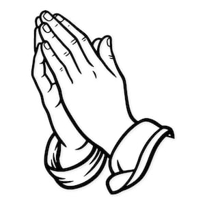 May include: A black and white illustration depicting hands in prayer. The image shows the hands clasped together, with detailed lines and fingernails. The cuffs of the sleeves are visible against a white background.