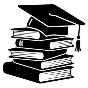 May include: Black and white illustration of a stack of books with a graduation cap on top. The books are rectangular with white pages and a black spine. The cap has a tassel.