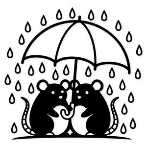 May include: Black and white illustration of two mice sheltering under an umbrella in the rain. The mice are side-by-side, holding the umbrella handle together. Raindrops surround the umbrella.