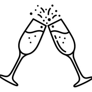 Puede incluir: Ilustración en blanco y negro de dos copas de champán brindando. Burbujas y explosiones festivas emanan de las copas, sugiriendo un brindis o celebración. La imagen está sobre un fondo blanco.