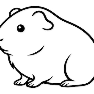 May include: A black and white cartoon illustration of a guinea pig. The guinea pig is depicted in a side profile, with a rounded body, small ears, and a detailed outline. The image is simple and clean.
