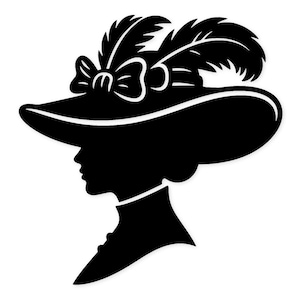 Peut inclure: Silhouette noire d'une femme portant un chapeau à larges bords orné d'un nœud et de plumes. Le profil montre le visage, le cou et les vêtements de la femme, créant un design classique et élégant.