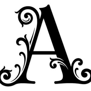 May include: Black letter "A" with ornate, swirling floral embellishments. The capital letter is solid black, with decorative flourishes extending from the vertical and horizontal strokes, creating a stylized, elegant design against a white background.