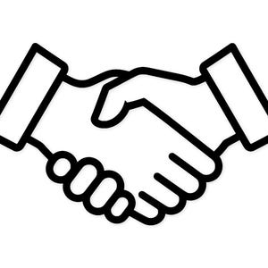 May include: Black and white line art illustration of two hands clasped in a handshake. The image depicts a business or agreement concept, with the hands overlapping and the sleeves of the arms visible.