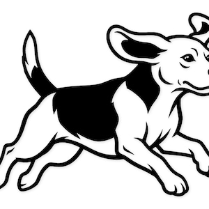 Puede incluir: Ilustración en blanco y negro de un perro beagle en pleno salto. El perro tiene orejas caídas, una mancha negra en la espalda y un cuerpo blanco. La cola está levantada y el perro parece estar corriendo o saltando con energía.
