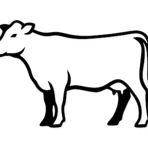 Peut inclure: Un dessin au trait noir et blanc d'une vache de profil. La vache est représentée debout, avec ses pattes et ses mamelles clairement visibles. Le corps de la vache est blanc et le contour est noir.