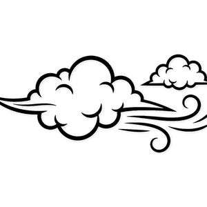 Op de afbeelding: Zwart-wit cartoon illustratie van wind en wolken. De afbeelding toont een grote wolk met een windeffect en een kleinere wolk. De wind wordt weergegeven door gebogen lijnen.