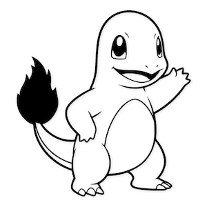 May include: A black and white illustration of a Charmander character. The cartoon figure is smiling and waving with one arm raised. The tail has a black flame at the end. The character is standing on two legs.
