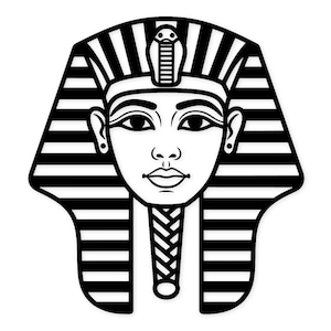 Puede incluir: Ilustración en blanco y negro de una máscara de faraón egipcio. La máscara presenta un tocado a rayas, rasgos faciales detallados y un emblema de cobra. La cara del faraón es simétrica, con ojos, nariz y labios definidos.