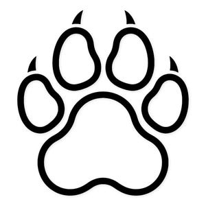 May include: A black and white graphic of a paw print. The paw print has five rounded pads and four sharp claws. The design is a simple outline, perfect for pet-themed products.