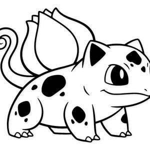 May include: Black and white illustration of a Bulbasaur character. The cartoon figure has a large bulb on its back, black spots, and a curled tail. The image is a line drawing on a white background.